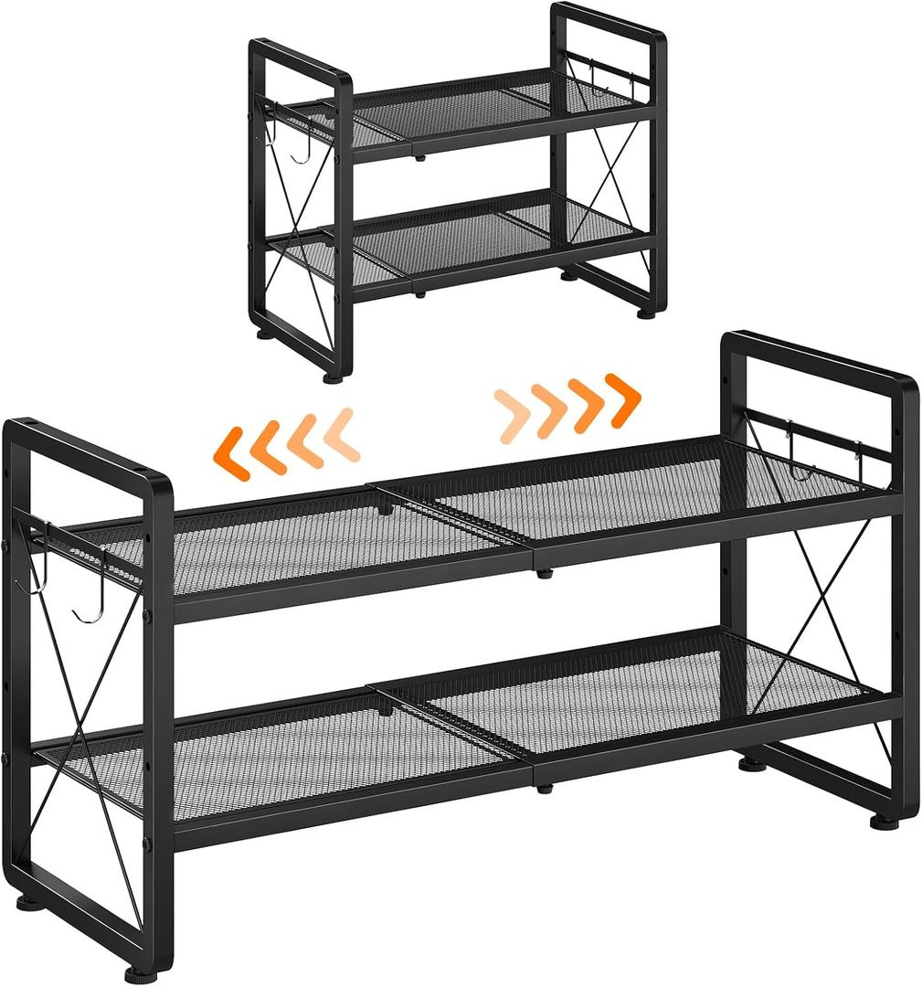 ELYKEN Shoe Rack, 2-Tier Expandable Shoe Organizer for Entryway, Metal Black Shoe Shelf with 4 Hooks, Ajustable Shoe Stand Holder for Closet, Garage, Door Entrance