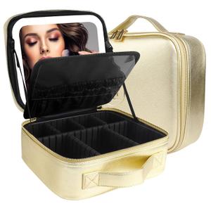 MOMIRA Travel Makeup Bag Cosmetic Bag Makeup Organizer Bag with Lighted Mirror, Adjustable Brightness in 3 Color Scenarios, Waterproof Makeup Train Case, Gift for Women - Golden (Small)
