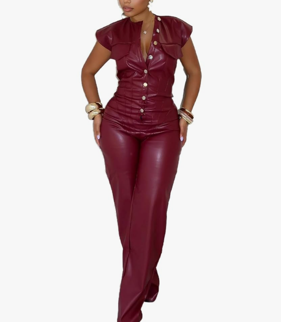 Molilove Womens Leather Jumpsuit Sexy Sleeveless Button Top Bodycon Jumpsuit Faux Leather Cargo Pants Romper Party Clubwear L
