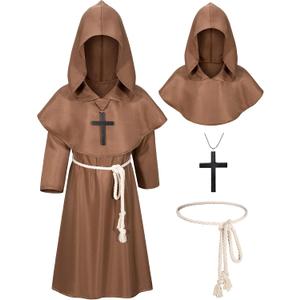 Kids Medieval Renaissance Monk Costume Priest Friar Wizard Cloak Hooded Robe Cosplay Costume Belt Necklace Set (10-11 Years, Brow)