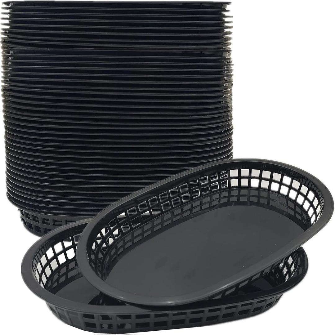 40 Pack Fast Food Baskets, Reusable Deli Fast Food Storage Basket, 10.5 x 7 Inch Black Plastic Baskets, Foods Service Tray Holde for Easter, Fruit, Hot Dogs, Burgers, Fries, Snacks,Picnic