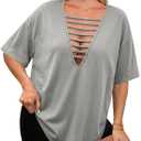 Remidoo Women's Oversized T-shirt Sexy Cut Out Top Ripped Shirt Short Sleeve V Neck Tee Grey Large (Gray, L)