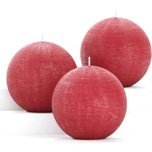 CANDWAX Set of 3 inch Round Ball Candles - Perfect as Christmas Decoration and as Spheres for Home Decor - Unscented Smokeless Dripless Long Burning Dark Red Candles