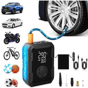 Tire Inflator Portable Air Compressor Wireless & 12V Dual Power, Auto Shut-Off, Digital Display, Fast Inflation & LED Light, for Car, Bike, Sports & Travel