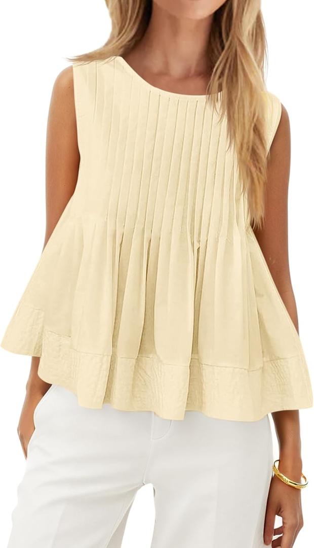 Cicy Bell Womens Summer Peplum Tops Casual Babydoll Sleeveless Cotton Tank Tops Flowy Pleated Shirts, Small