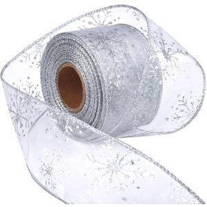 2.5 Inch Wide Christmas Wired Ribbon Snowflake Organza Sheer Glitter Ribbon for Xmas Tree, Wreath, Party Decoration, Gift Wrapping (Silver, 65.7 Foot (Pack of 1))