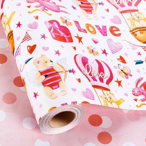 Homeral Pink Bear Baby Wrapping Paper - Mini Roll - 17 Inch x 33 Feet - Rabbit, Hot Air Balloon & Polka Dot Reversible Gift Wrap for Baby Shower, Valentine's Day, Wedding, Anniversary, Birthday, 17 in x 32.8 ft