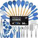 Kaluns 50 PCS Silicone Kitchen Utensils Set - Mothers's Day Gifts For Mom Wife Complete Kitchen Set 800F Heat Resistant Non-Stick Premium Silicone Cooking Utensils W Wooden Handles Gifts For Mothers (Blue)