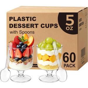 Ginkgo 60 Pack (120-Piece) 5 oz Plastic Stemmed Dessert Cups with Spoons, Disposable Clear Mini Parfait & Pudding Cups for Party Appetizers, Cake, Jello & Yogurt Shots