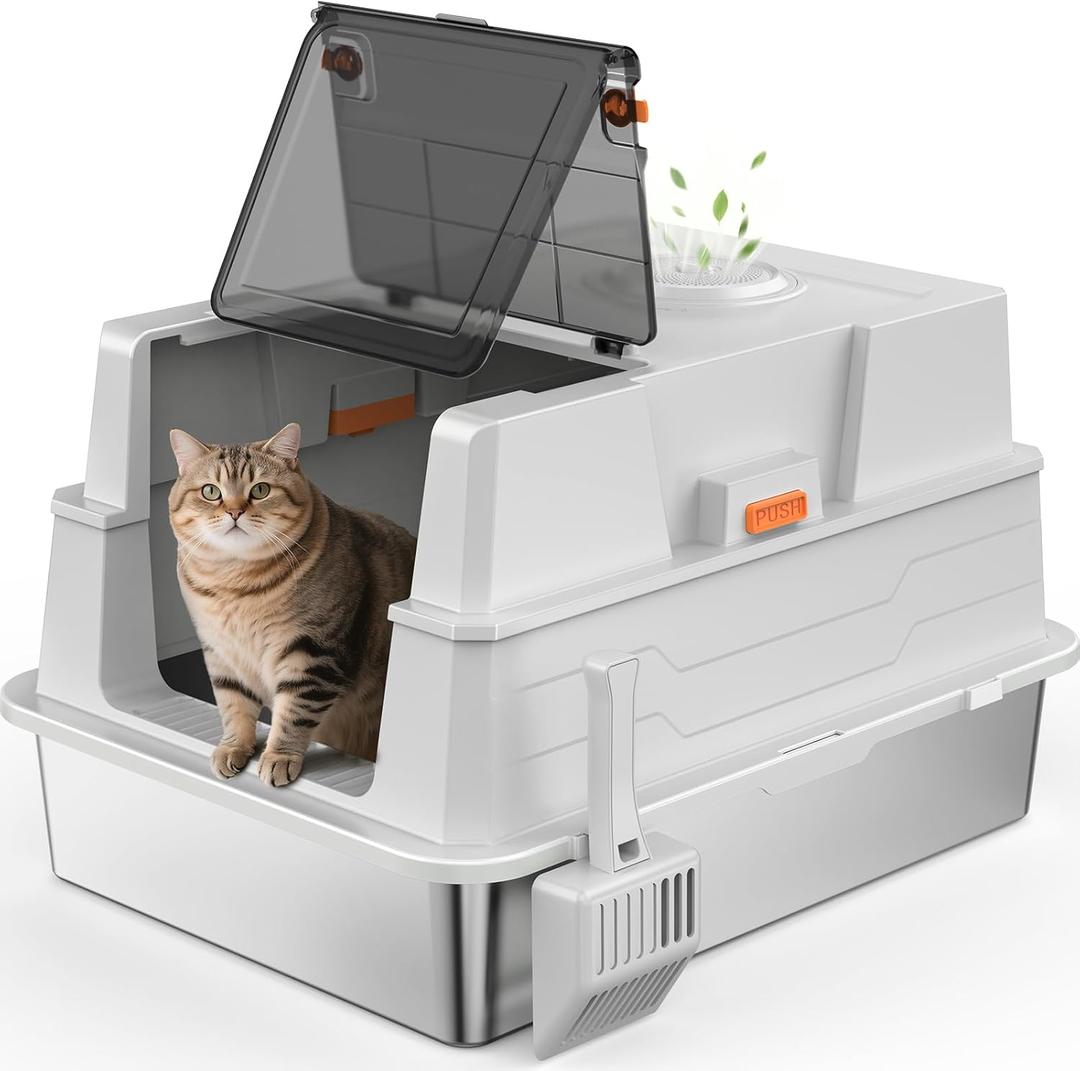 Extra Large Enclosed Stainless Steel Cat Litter Box with Lid - XXXL Giant Metal Enclosed High Sides Litter Boxes for Multi-Cat Households and Overweight Cats - Black (White)