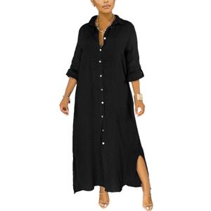 nqgsntc Women V Neck Rolled Up Sleeve Lining Dress Button Down Side Slit Shirt Maxi Dresses (Large, Black)