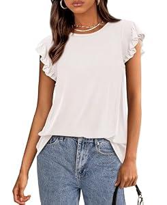 KIRUNDO Womens Tops 2025 Summer Ruffle Short Sleeve Casual T Shirts Trendy Crewneck Loose Solid Color Basic Tee Blouses(White, X-Large)