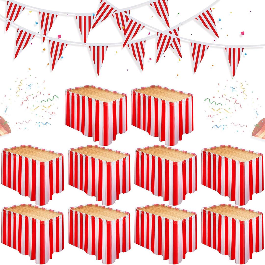 Tegeme 15 Pack Carnival Table Skirt Red and White Striped Table Skirts 165 x 30 Inches Disposable Carnival Tablecloth Decorations with Red and White Striped Pennant, Circus Theme Party Supplies