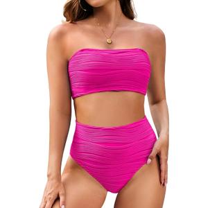 Pink Queen Women High Waisted Bikini Set 2026 Removable Strap Textured Two Piece Swimsuits Bathing Suits (Pink, M)