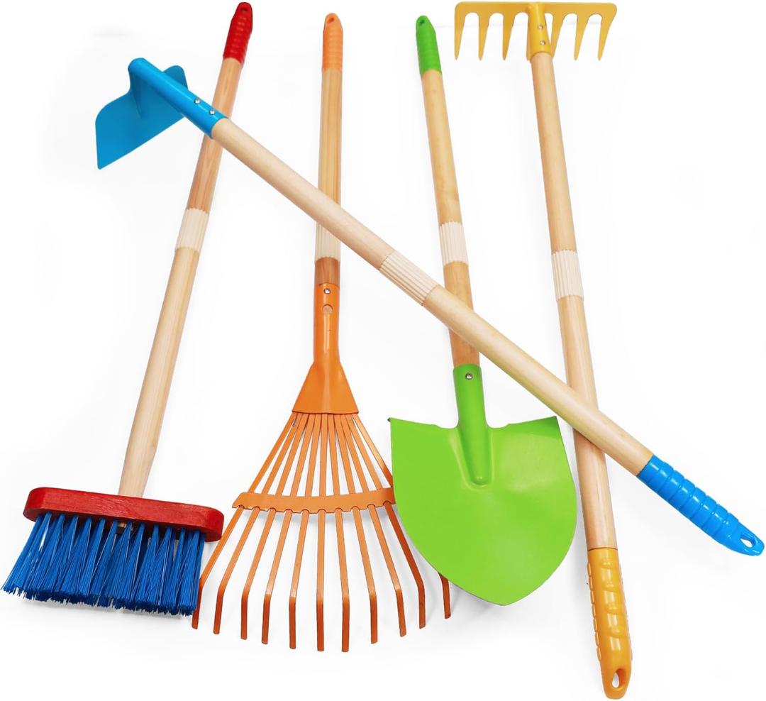 Kids Garden Tools, Outdoor Toys, Shovel for Digging Sand, Kid-Sized Rake, 5PCS 27.6 Inch Long Gardening Tools for Boys Girls Age 3 and up Gifts (Colorful)