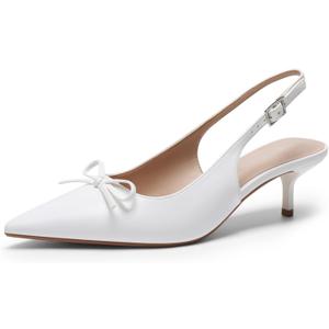 DREAM PAIRS Women Slingback Kitten Heels, Pointed Toe 2.17 Inch Low Bow Dress Shoes All Day Wear Comfortable Formal Wedding Pumps (Size 8, White)