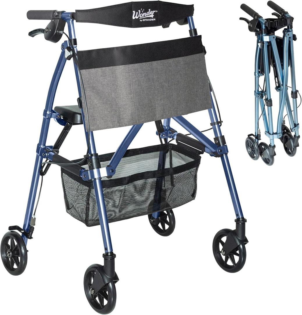 Stander Wonder Rollator Plus, Lightweight Folding Mobility Rolling-Walker, EZ Fold-N-Go-Rollator for Seniors and Adults, 6-inch Wheels, Locking Brakes and Padded Seat with Backrest, Cobalt Blue