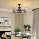 34" Crystal Chandelier Ceiling Fan 8 Lights Vintage Flush Mounted Fandelier Bronze Invisible Blades Ceiling Fan for Bedroom Dining Room Living Room Kitchen Farmhouse Entry