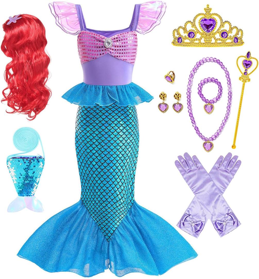 Little Girl Luxury Mermaid Costume Princess Dress for Girls with Accessories (4-5 Years, Blue)