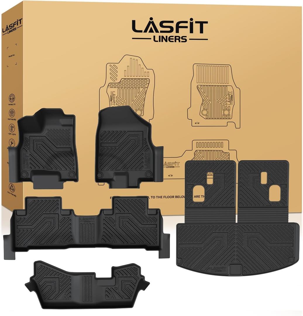 LASFIT Floor Mats&Trunk Mat&Backrest Mats for Acura Mdx 2014-2020 (Fit 7 Seater,Not fit Hybrid), Cargo Mat All Weather TPE Mats Custom Fit Floor Liner for Mdx 1st&2nd&3rd Row Car Mats & Cargo Liner
