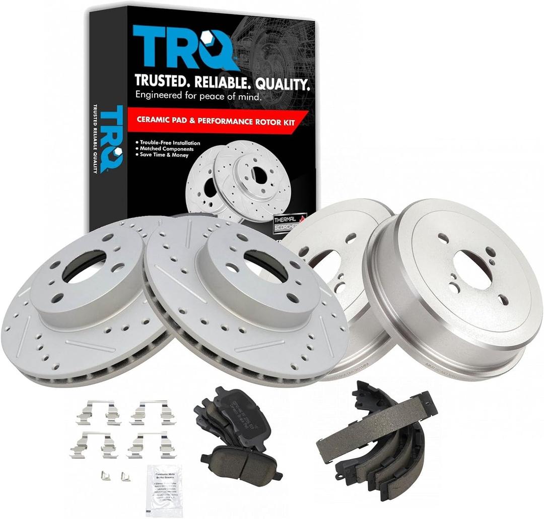 TRQ Front & Rear Ceramic Brake Pad Performance Rotor Shoes & Drum Kit Compatible with Toyota