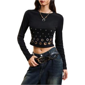 WDIRARA Women's Grommet Eyelet T Shirts Crew Neck Long Sleeve Knit Tee Grunge Punk Crop Tops, XS