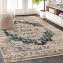 SUPERIOR Indoor Large Area Rug, Modern Farmhouse Medallion Decor for Living/Dining Room, Office, Bedroom, Entryway, Kitchen, Home Floor Throw, Jute Backed Rugs, Marquis Collection, 8' x 10', Teal