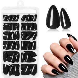 240pcs Black Press on Nails Almond- Short Press on Nail Black in 12 Sizes for Women & Girl, Glossy Short Nails Press on Almond Fully Cover Acrylic Fake Nail with Glue & Jelly Tabs