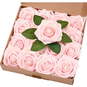BLEUM CADE 16Pcs Artificial Flowers Fake Roses with Stems, Pink Boxed Foam Roses for DIY Bouquets Centerpieces Wedding Party Arrangement Bridal Shower Decor