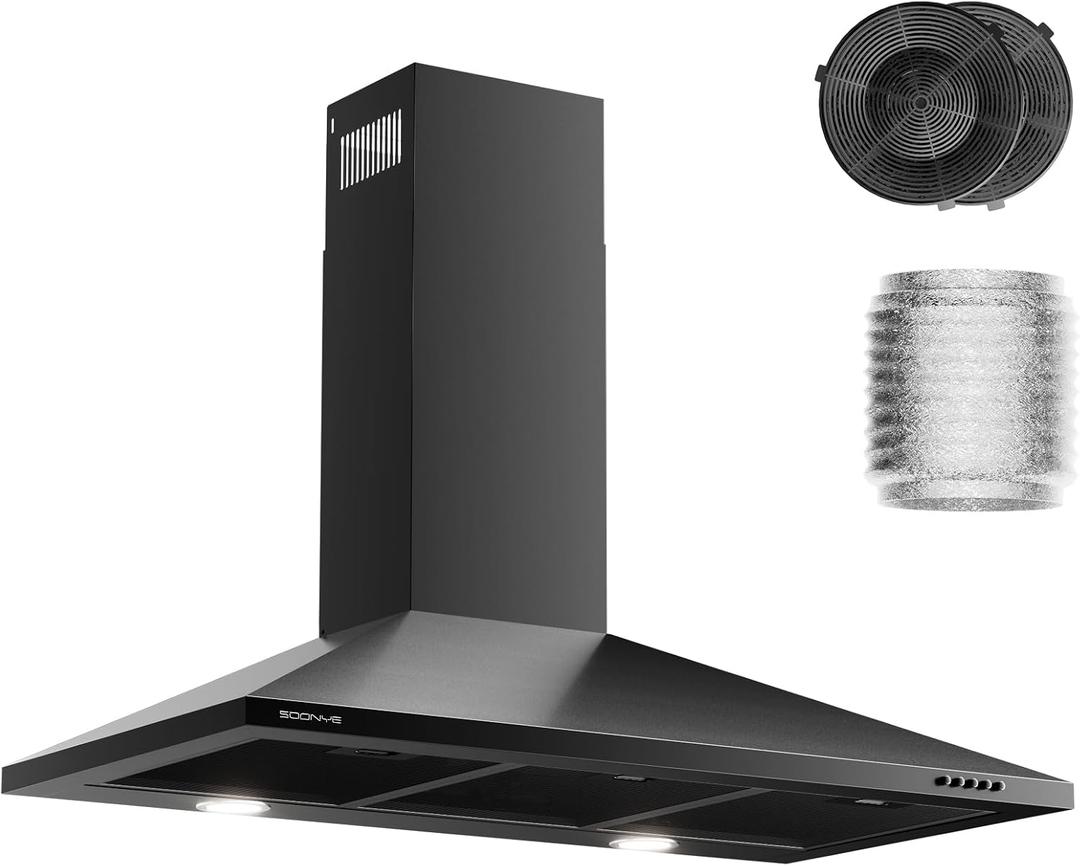 36 Inch Wall Mount Range Hood Ducted/Ductless Convertible Kitchen Exhaust Hood with 450 CFM Motor, 3 Speed Fan, LED Lighting and Dishwasher Safe Filters, Matte Black Painted Finish