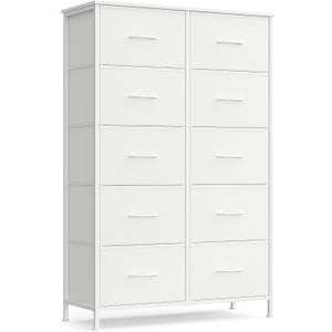 SONGMICS Dresser for Bedroom, Chest of Drawers, Steel, MDF, 10 Non-Woven Fabric Drawers, Storage Organizer Unit, Closet, Entryway, Cloud White and Snow White ULGS125W01S