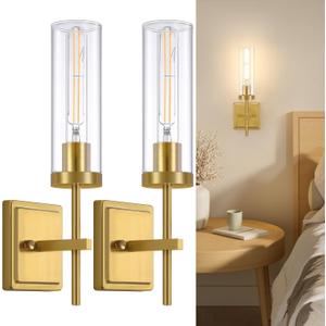 Gold Wall Sconces Lighting Set of 2, Hardwired Bathroom Vanity Light Fixture with Clear Glass Shade, Farmhouse Wall Mounted Lights for Mirror Bedroom Living Room Kitchen (Bulbs Not Included)