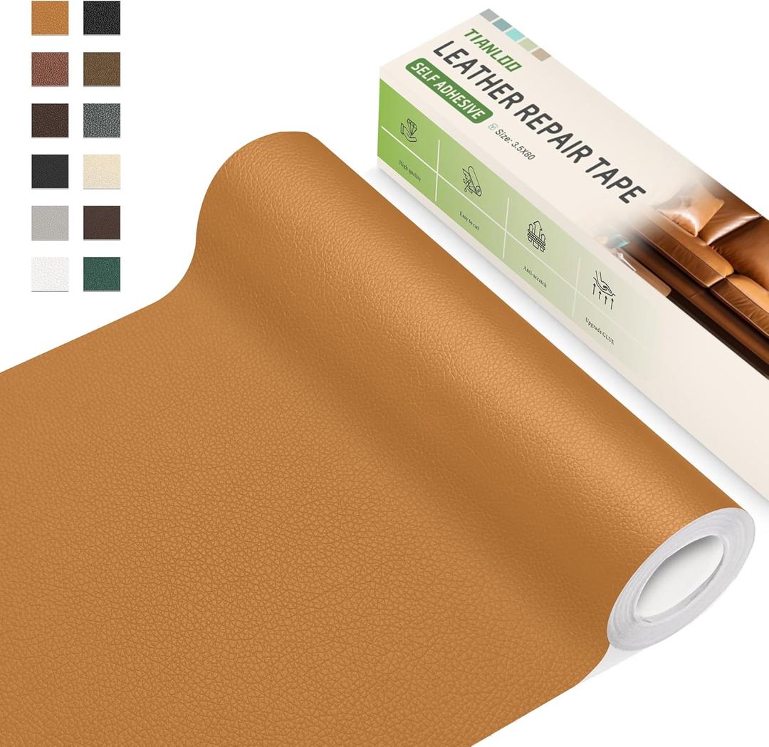 TIANLDD Leather Repair Tape,3.5 x 80 Inches Self Adhesive Leather Repair PatchLeather Repair Kit for FurnitureCouches,Car Seats,Cabinets,Handbags(Yellowish Brown-Litchi Grain)