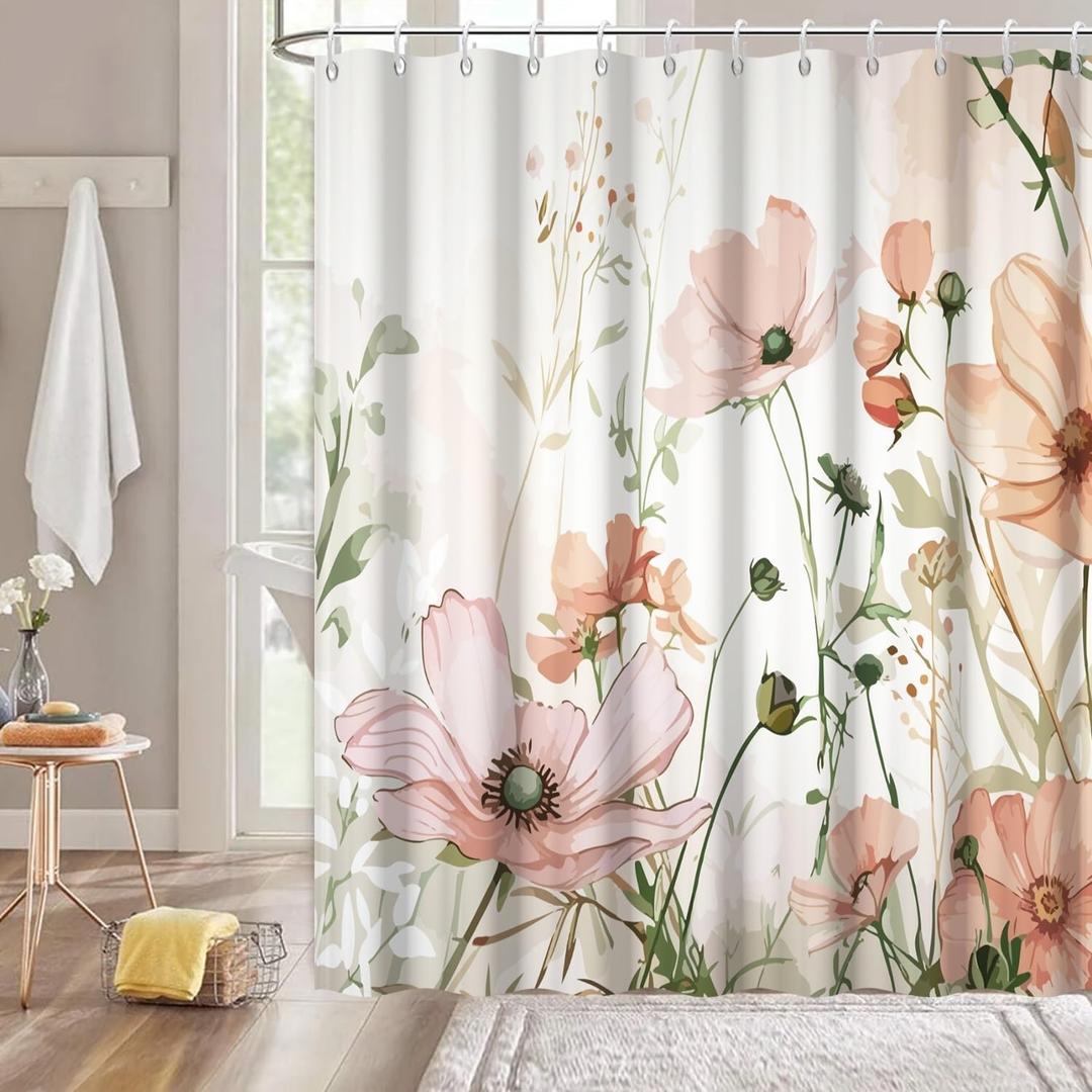 Ruelvth Dusty Pink Floral Shower Curtain, Spring Watercolor Wildflower Shower Curtain Set Waterproof Modern Farmhouse Bathroom Decor with Hooks, 72x72 Inch