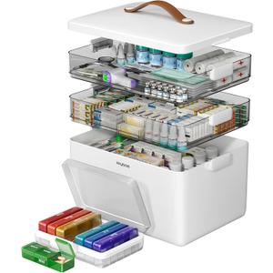 3+7Combo Set (3-Tier Medicine Organizer +7 Color Pill Case), Sunscreen and Moisture-Proof, for Vitamins, Tablets, etc. (Medicine Organizer Combo Set)
