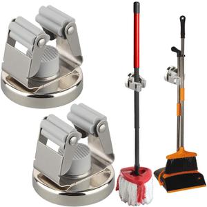 MUTUACTOR Magnetic Broom Holders,2pcs Anti-broken Heavy Duty Magnetic Clips Wall Mount,No Drilling 10lbs Magnetic Hooks Broom Mop Brackets for Work Cargo Garage Laundry Work Van Accessories