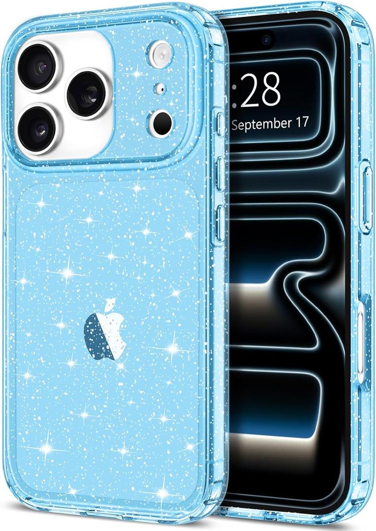 Hython for iPhone 17 Pro Case Glitter, Clear Glitter Sparkly Shiny Bling Sparkle Cute Cover, Anti-Scratch Soft TPU Thin Slim Fit Shockproof Protective Phone Cases for Women Girls, Blue Glitter