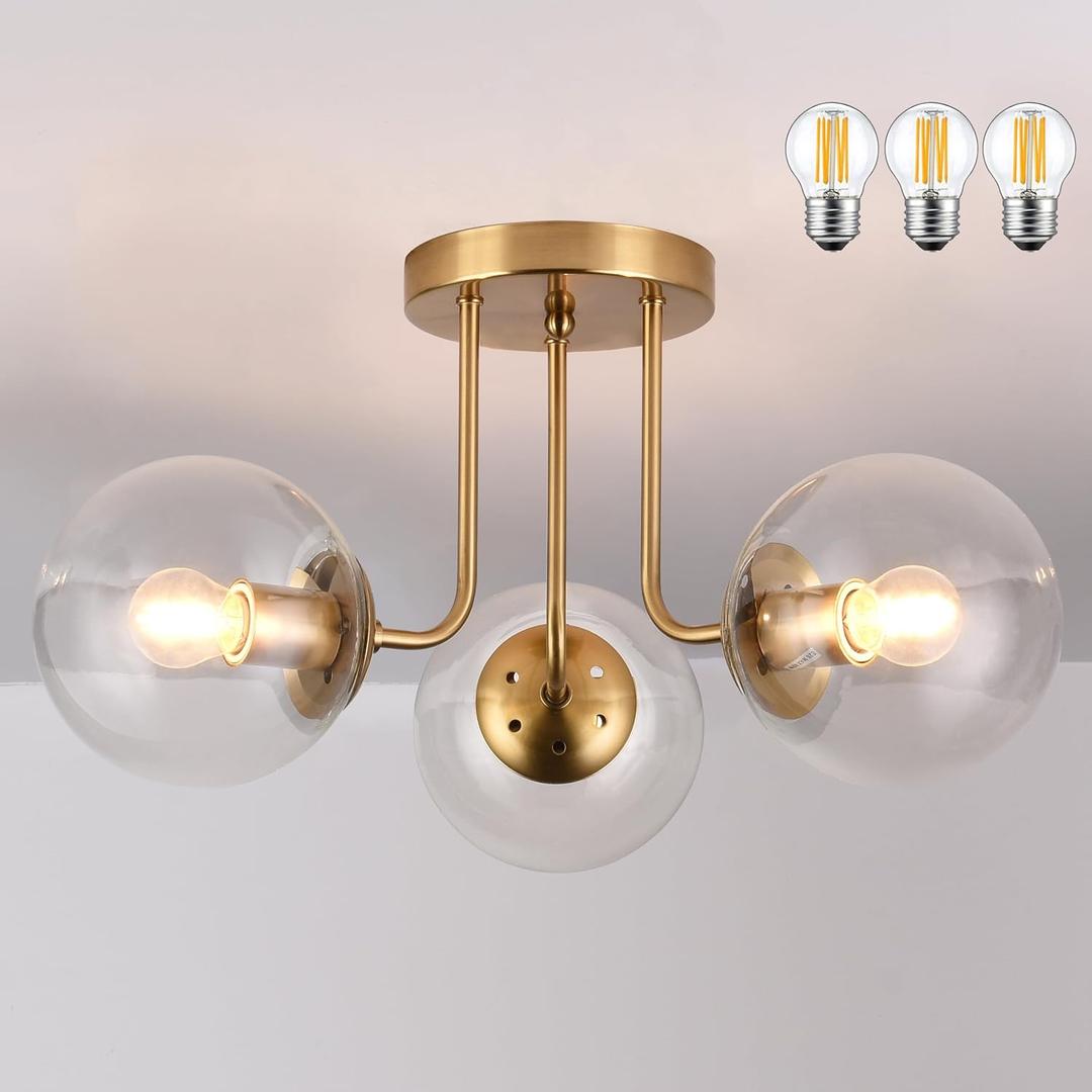 KoKo&Yukina 3-Light Semi Flush Mount Ceiling Light Globe Lights Mid Century Ceiling Light with Clear Glass Globe & Brushed Brass for Bedroom Hallway Entryway Kitchen Living Room (Bulb Incl.) (6 inch)