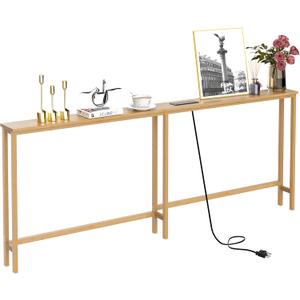 VASMIA 70.9 Inch Narrow Console Table with Outlet,Bamboo Behind Couch Sofa Table,Skinny Hallway Table for Entryway Living Room,Foyer,Natural