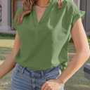 Tankaneo Short Sleeve Shirts V Neck Dressy Casual Top Summer Cotton Blouses (Green, M)