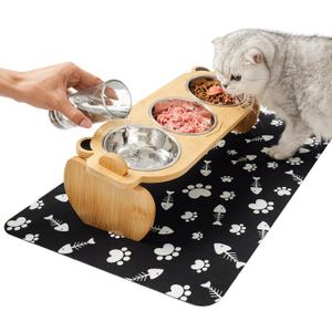 Tilted Elevated Cat Food Bowls Set: Raised Pet Dishes for Cats & Puppy with 15Tilted Bamboo Stand, Stainless Steel Food & Water Bowl and Pet Feeding Mat | Anti Vomiting (3 Bowls | Little Monster)