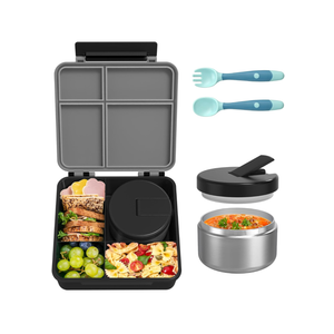Bento Lunch Box with 8oz Soup Thermo, Leak-Proof Lunch Containers with 4 Compartment, Thermo Hot Food Jar and Insulated Lunch Box for School Black