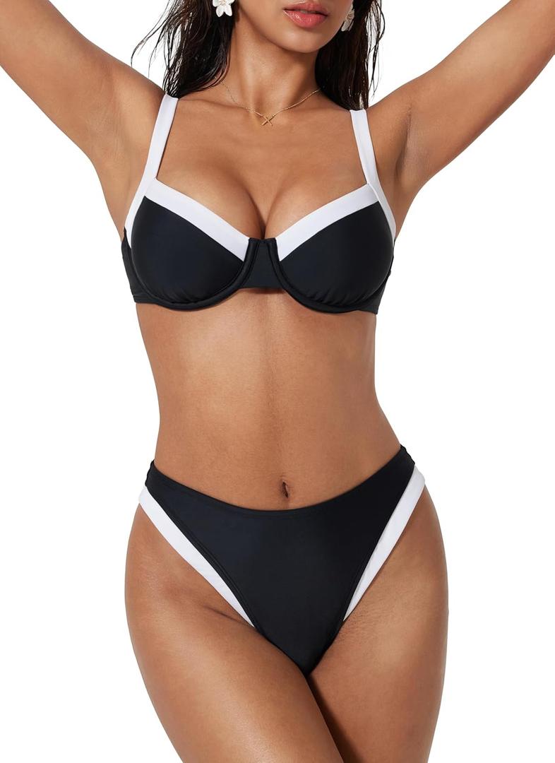 SUUKSESS Women Color Block Underwire Bikini Sets Cheeky High Cut 2 Piece Swimsuit (Small, Black White)