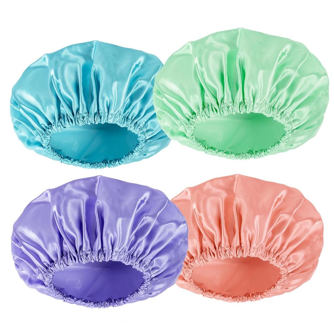 AmazerBath Shower Cap, 4 PCS Shower Caps for Women Reusable Waterproof, Double Layers Hair Cap for Shower, Elastic and Flexi Bath Caps, Environmental Protection Bathing Hat for Adult Kids (Medium, Green- Purple- Pinkish-orange- Blue)