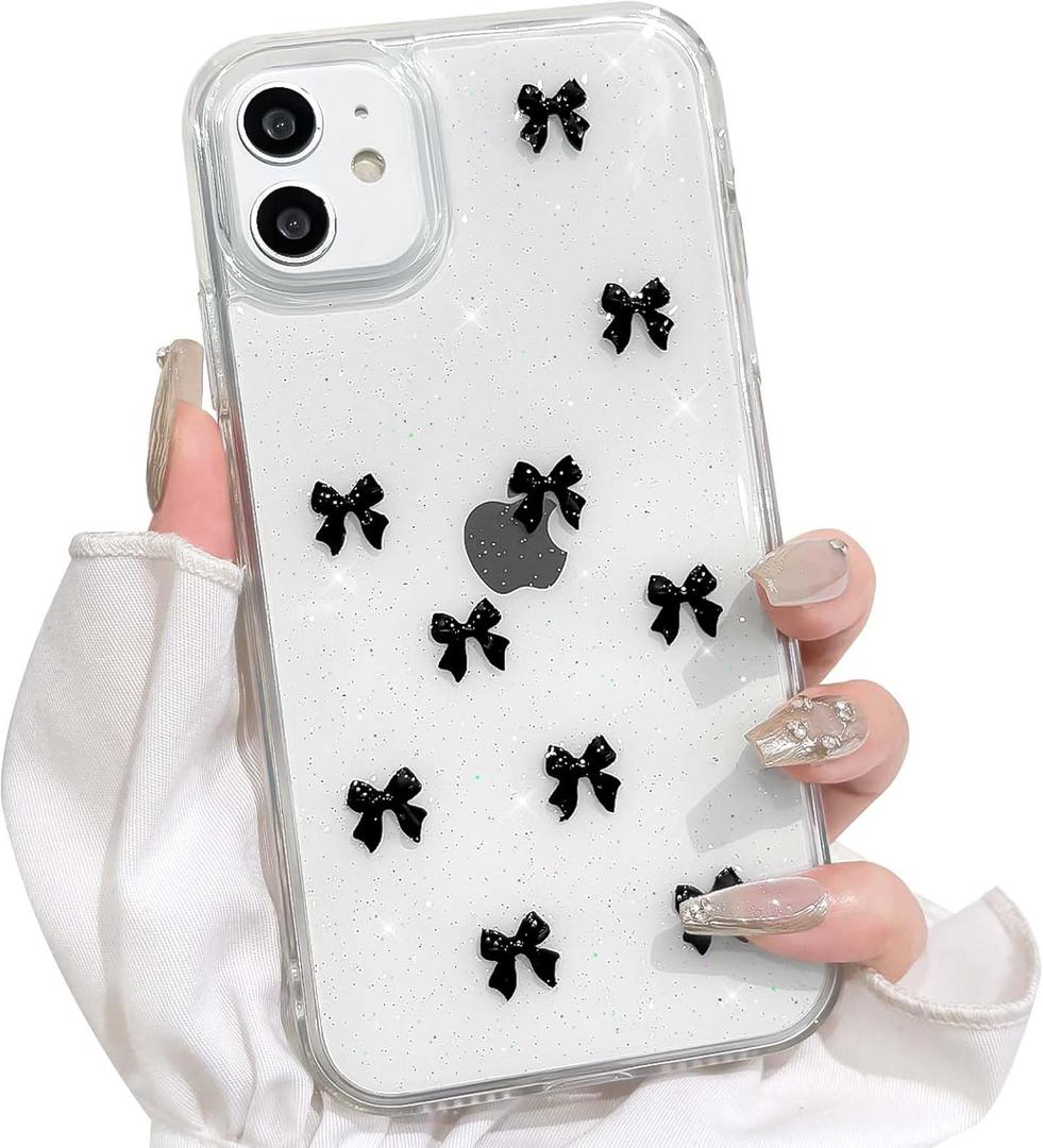 NITITOP Compatible with iPhone 12 Mini Case Clear Cute Sparkly 3D Bow Bling Glitter Bowknot for Women Girls Ultra Slim Anti-Yellow Protective Phone Cover - Black