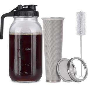 Cold Brew Mason Jar iced Coffee Maker, Durable Glass, - 64 oz (2 Quart / 1.9 Liter), With Handle& Stainless Steel Filter for Iced Brew Coffee, Lemonade, Ice Tea, Homemade Fruit Drinks Container (Black)