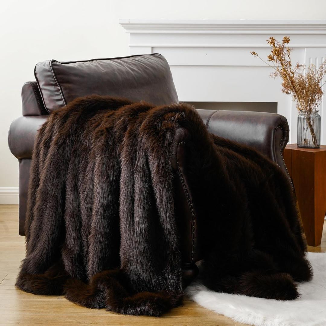 BATTILO HOME Luxury Fluffy Brown Faux Fur Throw Blanket, Cozy Warm Fur Blanket for Couch, Sofa, Chair, Bed, Plush Fuzzy Fur Throws with Long Pile, 50"x60" (Chocolate)