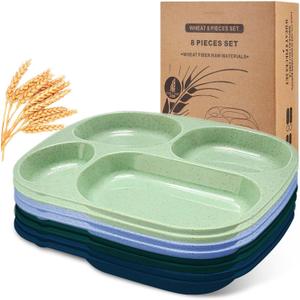 Vesici 8 Pcs 9'' Unbreakable Divided Plates for kids Adults Food Separator Dinner Plates Reusable Compartment Plates Dishwasher Microwave Safe 