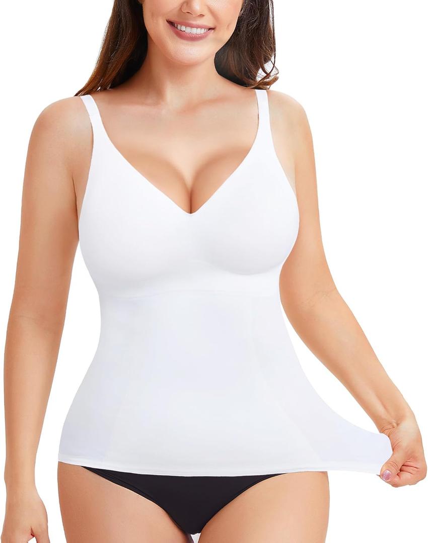 LODAY Compression Tank Tops for Women Tummy Control Shapewear Seamless Body Shaper Workout V-Neck Camisole Cami Tops (X-Large, White)