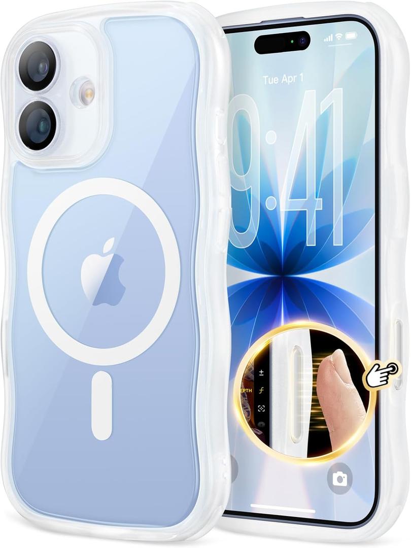 for iPhone 17 Case for Women Girls,Compatible with MagSafe,Camera Control,Full Camera Protection, Cute Wave Magnetic Phone Case for iPhone 17,Frosted Clear
